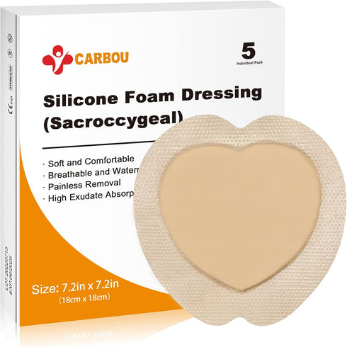 Carbou Silicone Wound Care Products, 7.2''x7.2''(18cm x18cm) Bordered Silicone Adhesive Sacral Foam