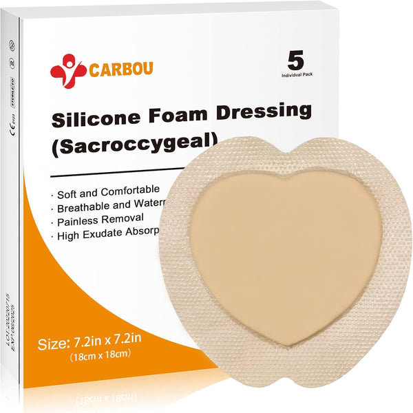 Carbou Silicone Wound Care Products, 7.2''x7.2''(18cm x18cm) Bordered Silicone Adhesive Sacral Foam