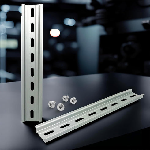 2 Pieces DIN Rail Slotted Aluminum, 8" Long x 35mm Wide with 4 #10 Stainless Steel Screws for Mounting