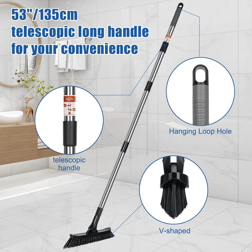 Qaestfy Grout Brush with Long Handle for Cleaning, Stiff Bristles Handheld Tile Scrub Brush, V-Shape Crevice Cleaning