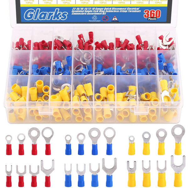 Glarks 360pcs Quick Disconnect Electrical Insulated Spade Fork Ring Solderless Crimp Terminals Connectors Assortment
