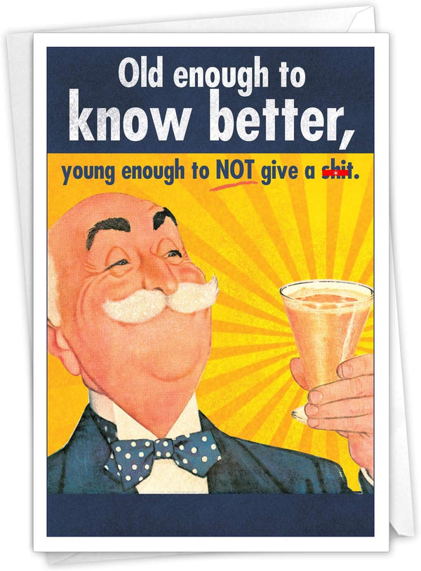 NobleWorks Funny Retro Birthday Card with Envelope - Adult Humor Celebration Greeting - Old Enough 5411