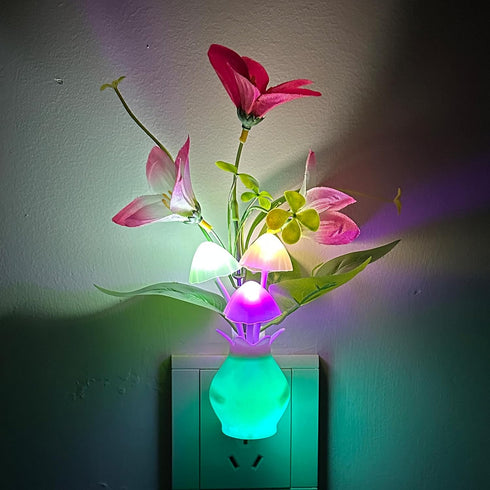 1W Plug-in Night Light with Auto Light Sensor, RGB LED Mushroom Night Light Wall Based Flower Lamp Energy Efficient