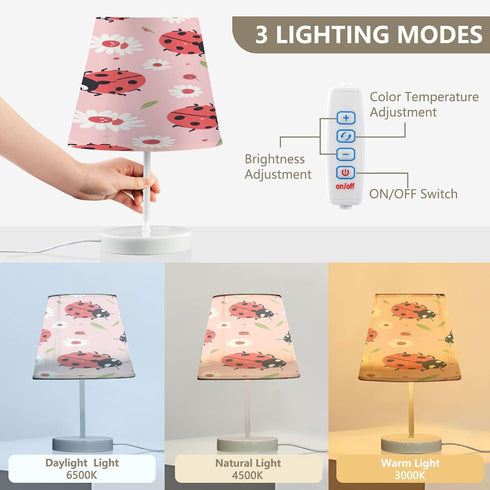 GOODOLD 3 8x12 Lady Bugs on Pink Table Lamp for Bedroom, Lighting Modes LED Bedside Lamps Fabric Shade Desk Lamp