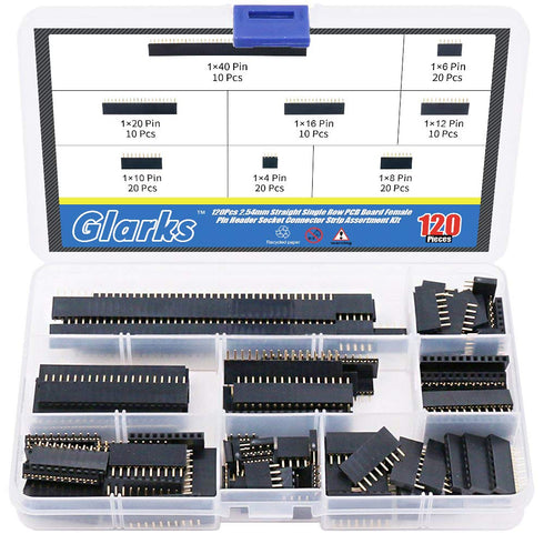Glarks 120Pcs 2.54mm Straight Single Row PCB Board Female Pin Header Socket Connector Strip Assortment Kit
