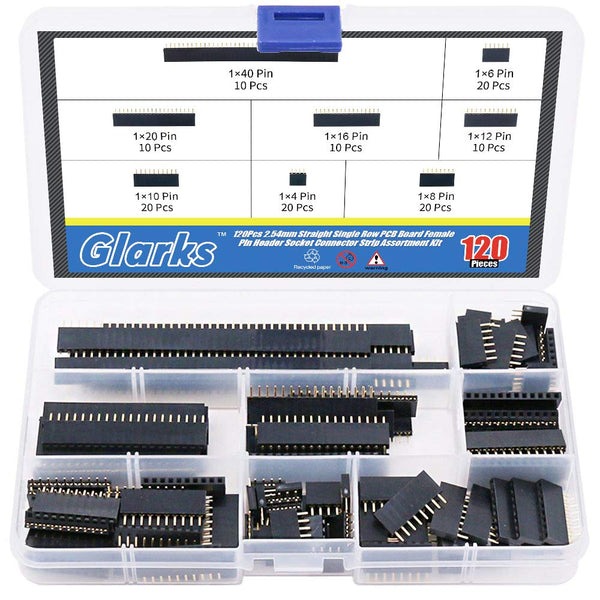 Glarks 120Pcs 2.54mm Straight Single Row PCB Board Female Pin Header Socket Connector Strip Assortment Kit
