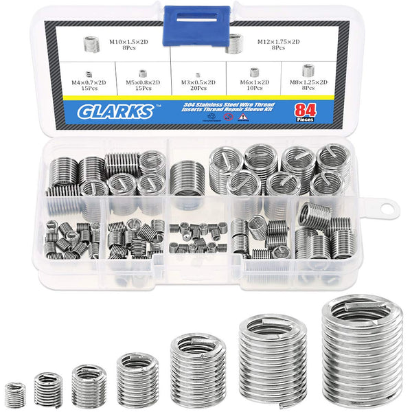Glarks 84Pcs Stainless Steel Wire Thread Inserts - Thread Repair Sleeve Kit, Metric Assortment
