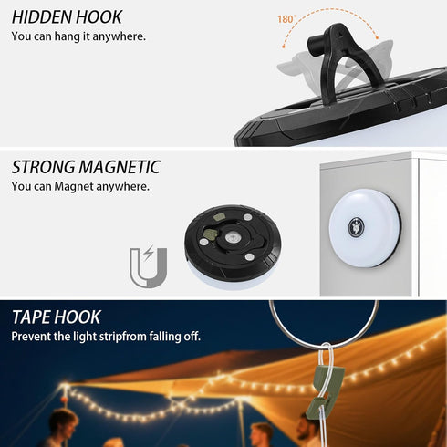 MDCMLKS 4 1 8 32.8FT Camping String Lights, in Portable Camping Light Rechargeable, Lighting Modes, USB Charging, Quick