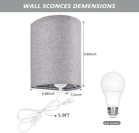 Set 2, 3-Color (3000K/4000K/6000K), Wall Sconces of Plug in Wall Sconces with On/Off Switch, Selectable Fabric Linen
