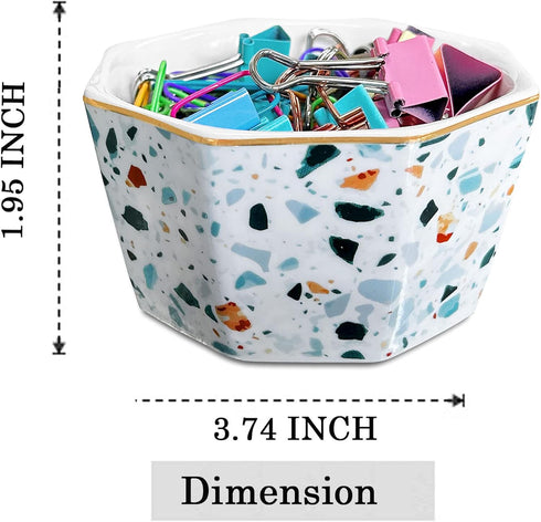 Paper Clip Holder Ceramic, Geometric Paperclips Holders Dispenser, Cute Terrazzo Marble Organizer for Desk