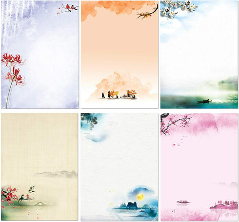 Japanese Stationery Set, 48 Pack Letter Writing Paper and Envelopes, Ink Painting Design