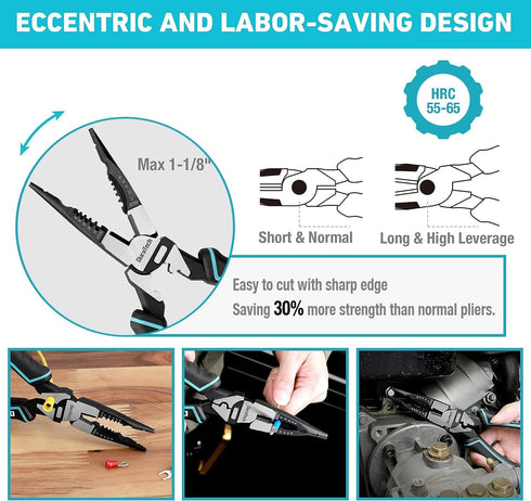DURATECH 6-in-1 Needle Nose Pliers, 8.5" Multipurpose Long Nose Pliers with Wire Stripper and Cutter Function