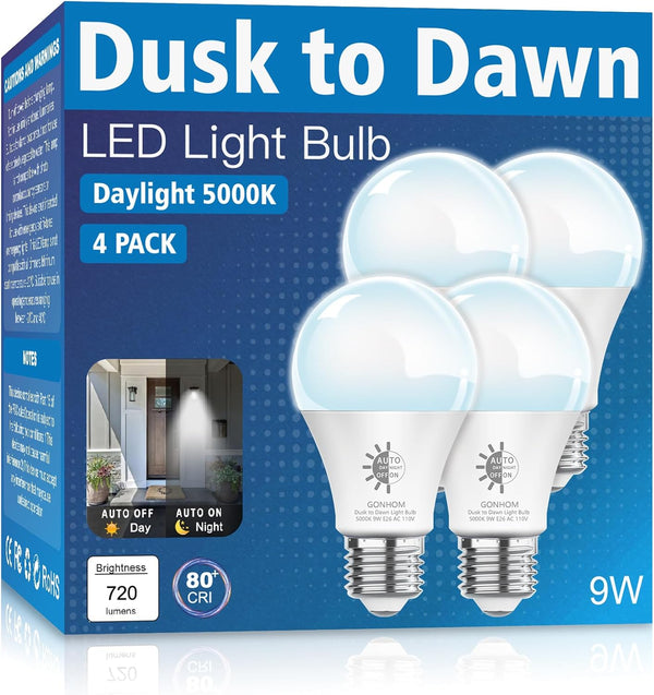 4 Pack Dusk to Dawn Light Bulbs, 9W A19 E26, 5000K Daylight, 720LM, Automatic On/Off LED Outdoor Lighting for Porch