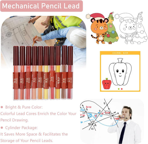 Mechanical Pencil 2.0mm, Rounded Mechanical Pencil Refills with Colored Leads for Draft Drawing, Writing, Crafting