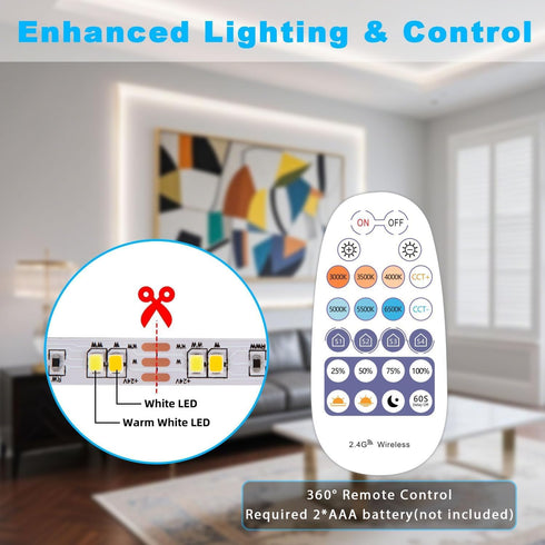 66FT 3000K-6500K Dimmable, 24V White LED Strip Lights Smart Strip Light Alexa Compatible, WiFi Flexible Tape LED