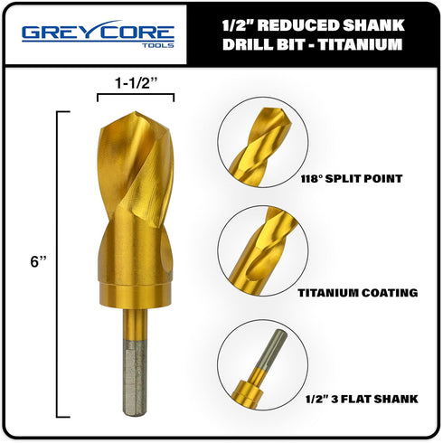 Tools 1-1/2 Inch Reduced Shank Drill Bit, 1/2" 3-Flat Shank, High Speed Steel with Titanium Coating