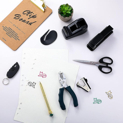 Black Desk Accessory Kit, Includes Desktop Stapler, Stapler Remover, Hole Punch, Tape Dispenser, Scissors (7 Pcs)