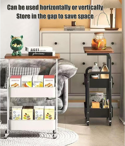 Mamba Travel 3-Tier 30in 2 Rolling Kitchen Cart - Lightweight Storage Cart with Solid Wood Tabletop & Lockable Wheels