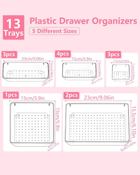 Asnews Set 13, 5-Size Makeup Drawer Organizers of Vanity Organizer Trays, Stackable Bathroom & Desk Drawer Organizer