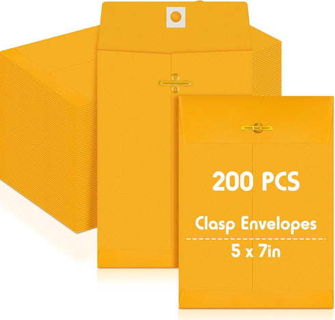 Geyee 200 Pcs 5 x 7" Clasp Envelopes - Manilla Gummed Clasp Closure Kraft Paper Envelopes for Mailing