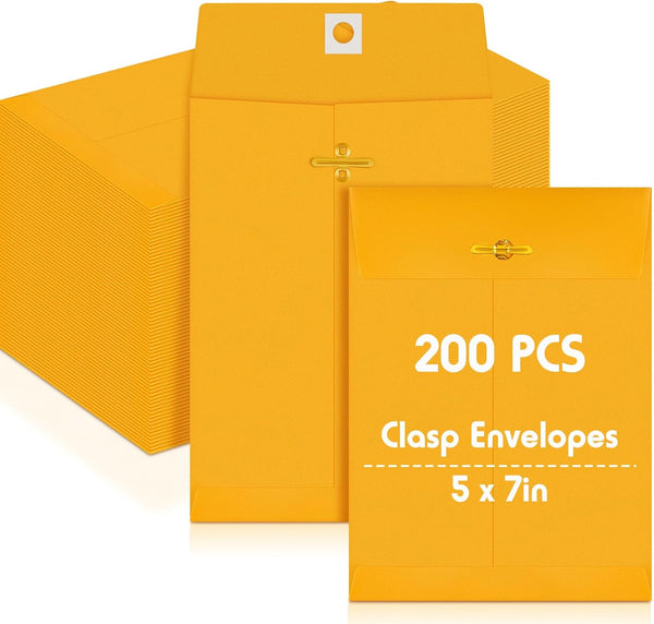 Geyee 200 Pcs 5 x 7" Clasp Envelopes - Manilla Gummed Clasp Closure Kraft Paper Envelopes for Mailing