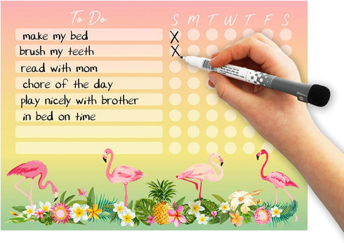Kid’s Dry Erase Whiteboard Chore Chart, Removable Adhesive Decal with Fine-Tip Magnetic Marker, 9” x 12" (Tropical)