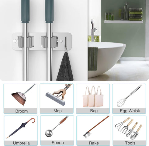 Mop Broom Holder Wall Mounted, SUS304 Stainless Steel Organizer with 2 Installation Methods, Heavy Duty with Hooks, 2PCS