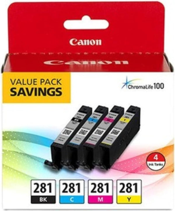 Canon CLI-281 Black, Cyan, Magenta, Yellow 4 Ink Pack for TR8520, TR8620, TS9120, TS6210 Printers
