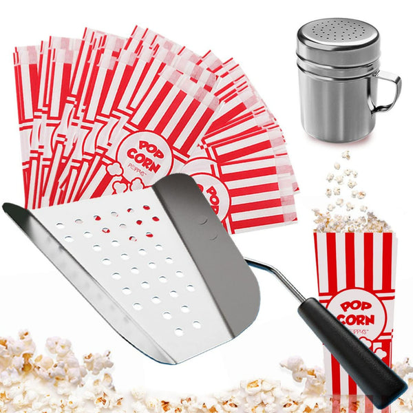 Poppy's Ultimate Popcorn Machine Supplies Bundle - Kernel Sifting Speed Scoop, Seasoning Dredge, 1-Ounce Bags (100