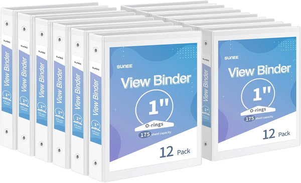SUNEE 3 Ring Binder 1 Inch, 12 Pack Clear View PVC-Free Binders for School or Office Supplies, White