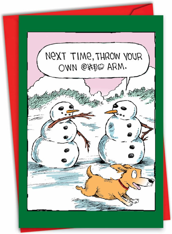 NobleWorks Merry Christmas Greeting Card with Envelope - 4.63 x 6.75 Inch, Colorful Cartoons, Snowman Arm C4336XSG