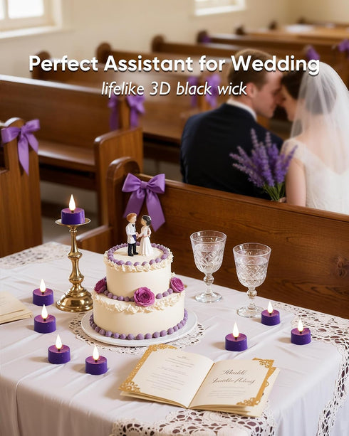 3D 300+Hour Set 24 Amagic Flameless Purple Timer Remote Tealights Candles, Black Wick Flickering Tea Light, Colored