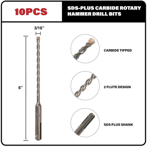 10-Pack SDS Plus 3/16" x 6" Rotary Hammer Drill Bits, Carbide Tipped for Brick, Stone, Concrete