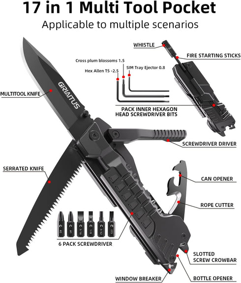 Multitool Knife 17 in 1Fire Starting Sticks, Bottle Opener, Saw Screwdrivers Bottle Opener, Whistle, Window Breaker and More -Perfect for Camping, Outdoor, Survival and Everyday Use,Gifts for Men Dad by GIRIAITUS