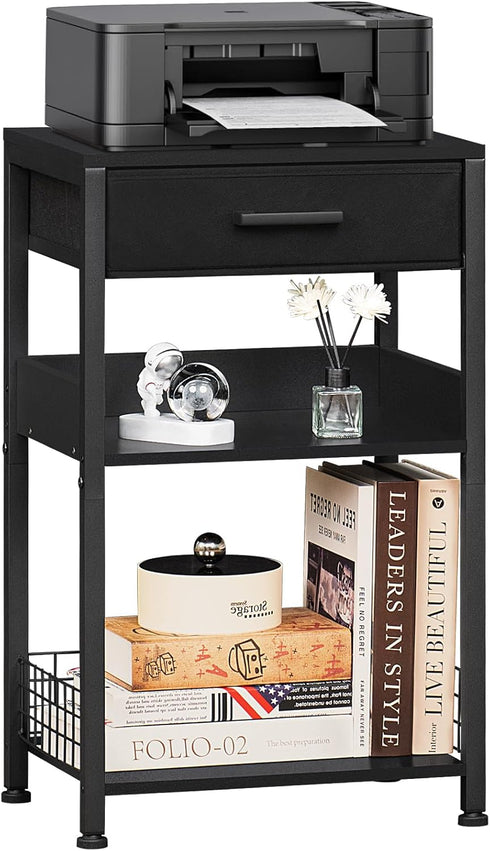 Lerliuo Pure Black Printer Table - 3 Tier Industrial Wood Stand with Fabric Drawer, Modern Tall End Table