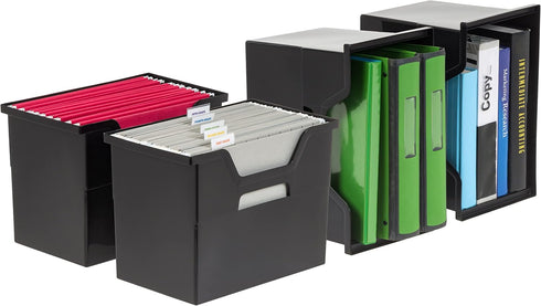 IRIS USA Large Portable Desktop File Box, 4 Pack with Open Lid, Side Handles for Letter Size, Black
