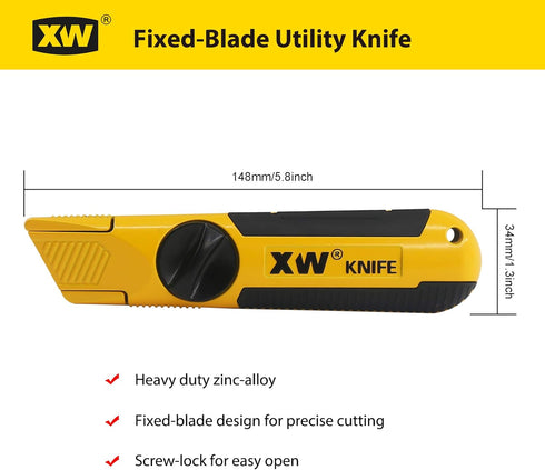 XW Fixed-Blade Utility Knife, Non-Retractable Heavy Duty Drywall Cutter, Extra 10 Blades Included, 2-Pack