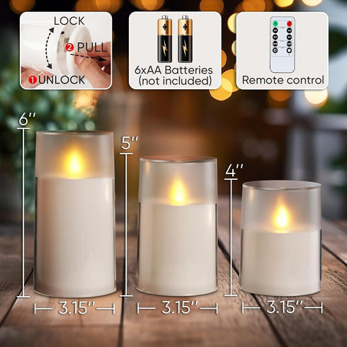 Set 3, Homemory Flameless Candles of White Acrylic LED Candles Upgraded Realistic Battery Operated Flames with Remote
