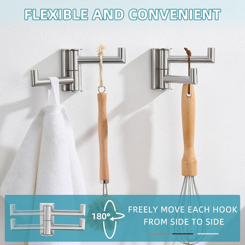 2 Pack, 304 Angle Simple Swivel Towel Double Hook Brushed Nickel Stainless Steel Bathroom Robe Hook