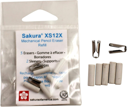 Sakura Mechanical Pencil Eraser Refills - 5 Erasers, 2 Metal Sleeves for XS-12 Pencil