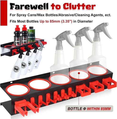 TAILIKANG 22Pcs Set Spray Bottle Holders for Car Detailing, Heavy-Duty Wall Mounted Steel Rack with Clips Hooks