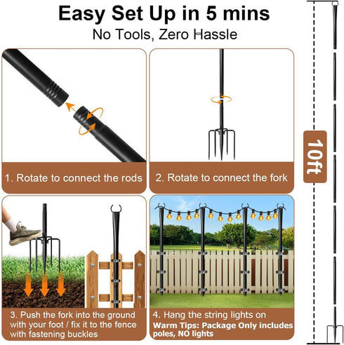 2 Pack Set Heavy-Duty String Light Poles for Outside with Fork, Adjustable Lighting Hanging Post Accessories for Patio