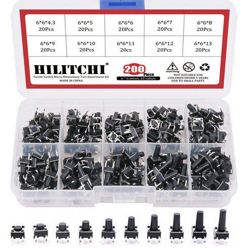 Hilitchi 200-Pcs Tactile Push Button Switch Micro Momentary Tact Assortment Kit, 6 x 6mm, 10 Value / 4 Pins