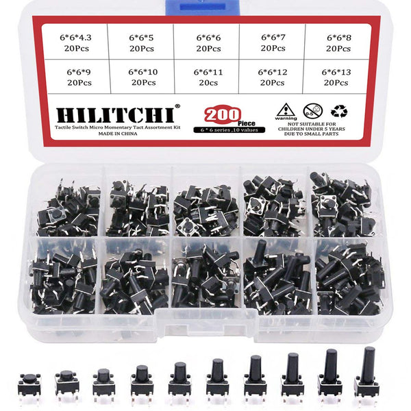 Hilitchi 200-Pcs Tactile Push Button Switch Micro Momentary Tact Assortment Kit, 6 x 6mm, 10 Value / 4 Pins
