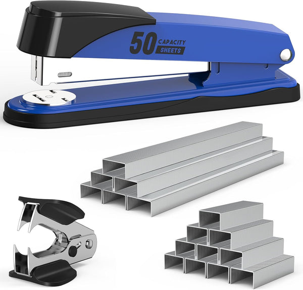 Metal Stapler Heavy Duty - 50 Sheet Capacity with 1750 Staples, Blue Full Strip Stapler for Office & Classroom
