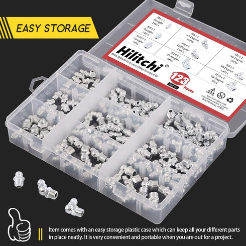 Hilitchi 123Pcs Metric Hydraulic Zerk Grease Fittings Assortment Kit