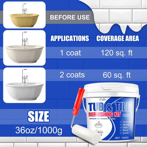 35oz Countertop 50-60 Tub and Tile Refinishing Kit - Semi-Gloss White Tile Paint with Tools for Bathtub Sink