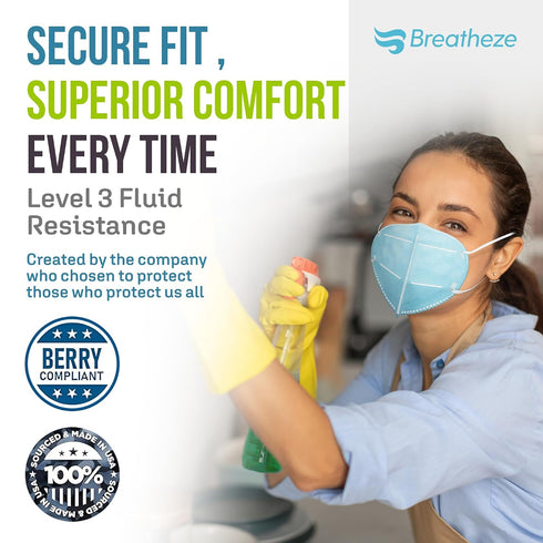 4 3 50 (5 Packs 10) Breatheze Ply Medical Isolation Face Mask Made in USA Level Fluid Resistant FDA Registered