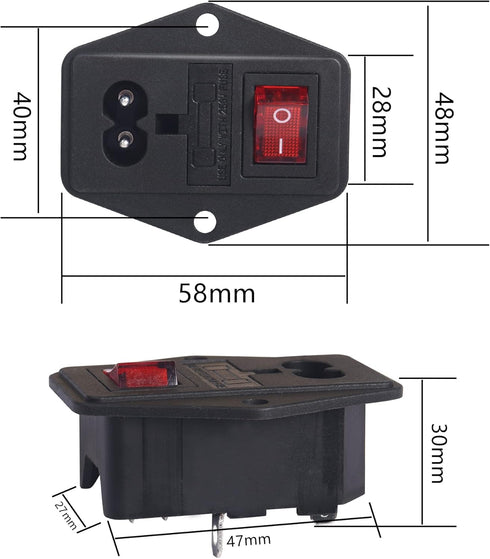 PNGKNYOCN 10A 250V Rocker Switch Power Socket Inlet Module Plug, 2-Pack with Indicator Light and 10A Fuse