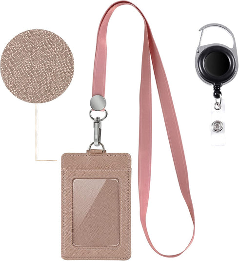 Leather ID Badge Holder Wallet Case with Neck Lanyard/Strap, 3 Card Slots & Retractable Badge Reel (Rose Gold)